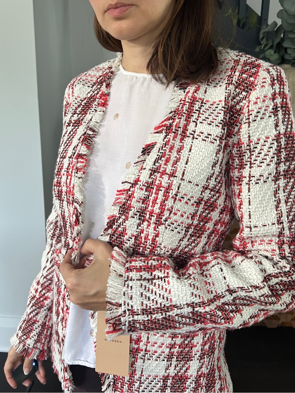 Halogen Red & White Tweed Fringe Open Blazer
